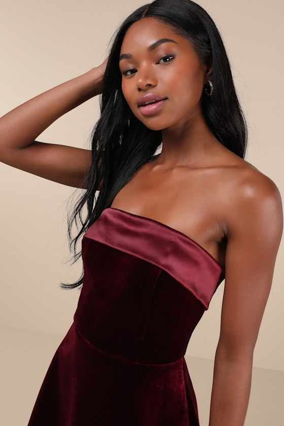 Captivating Admiration Burgundy Velvet Strapless Mini Dress