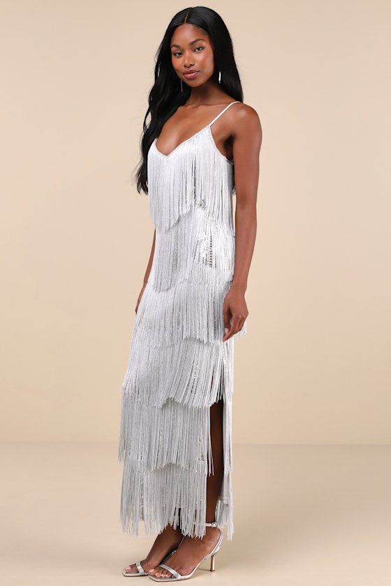 Get in the Groove Silver Sequin Fringe Bodycon Maxi Dress
