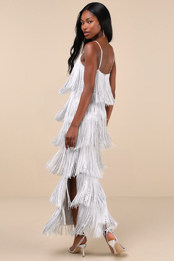 Get in the Groove Silver Sequin Fringe Bodycon Maxi Dress
