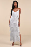 Get in the Groove Silver Sequin Fringe Bodycon Maxi Dress
