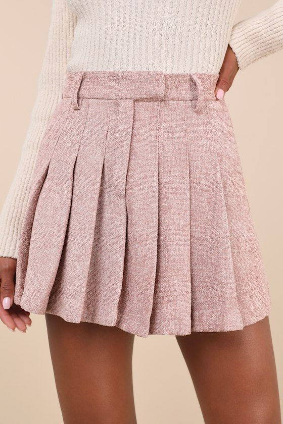 Simply Adoring Pink Tweed Pleated High-Waisted Mini Skort