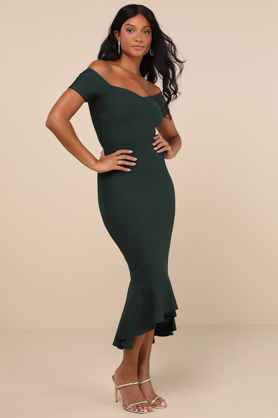 How Much I Care Dark Green Off-the-Shoulder Midi Dress