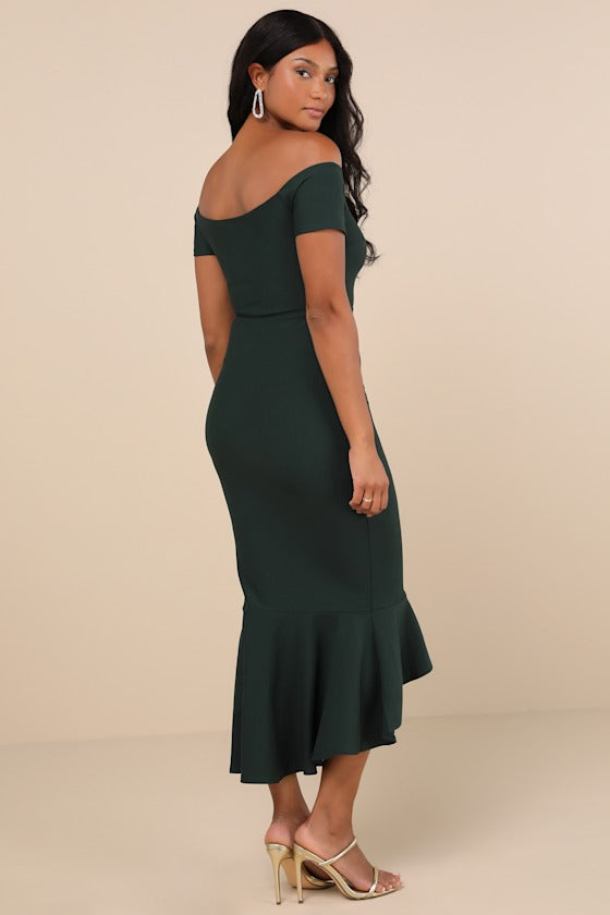 How Much I Care Dark Green Off-the-Shoulder Midi Dress