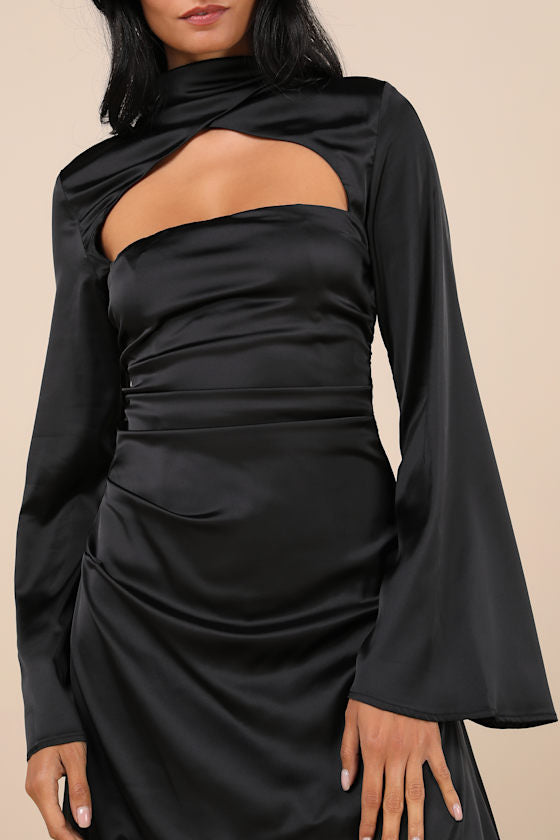 Sultry Elevation Black Satin Long Sleeve Cutout Mini Dress