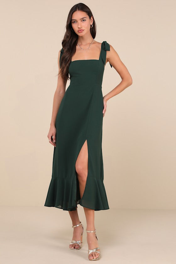 Summer Invite Emerald Green Tie-Strap Tiered Midi Dress