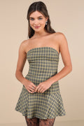 Hadia Yellow Plaid Strapless Drop Waist Mini Dress