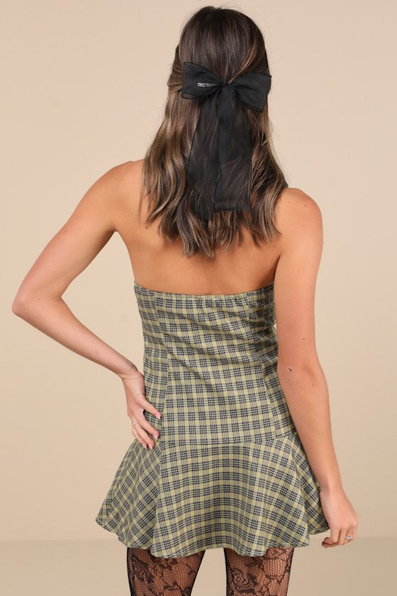 Hadia Yellow Plaid Strapless Drop Waist Mini Dress