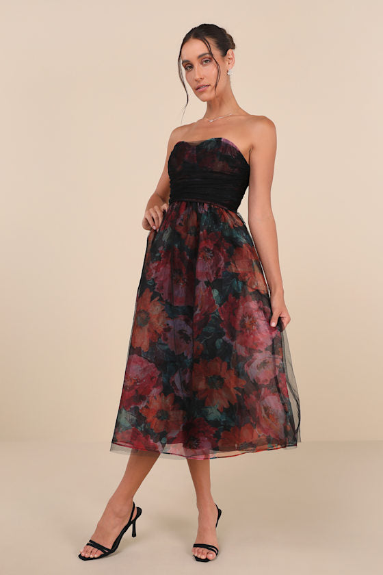 Splendidly Yours Black Floral Organza Mesh Strapless Midi Dress