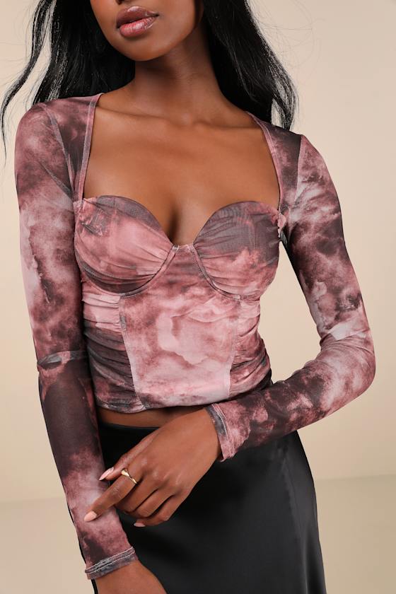 Coy Cutie Mauve Abstract Print Mesh Bustier Long Sleeve Crop Top