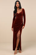 Forever Sensational Rust Brown Velvet Long Sleeve Maxi Dress