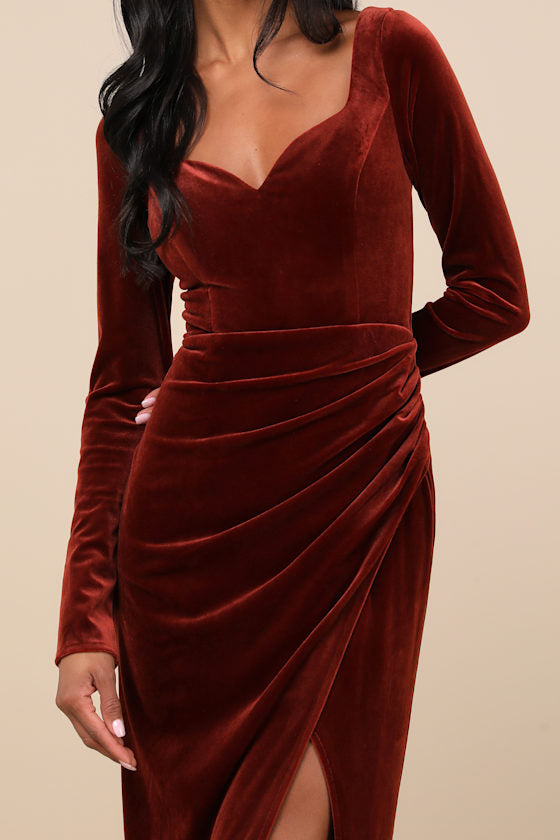 Forever Sensational Rust Brown Velvet Long Sleeve Maxi Dress