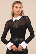 Confident Essence Black and White Mesh Long Sleeve Bodysuit