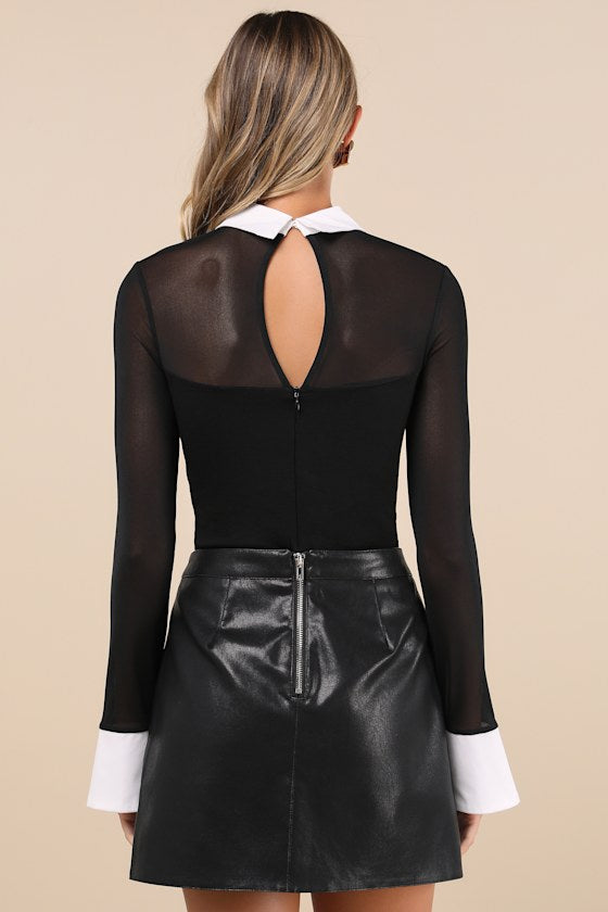 Confident Essence Black and White Mesh Long Sleeve Bodysuit