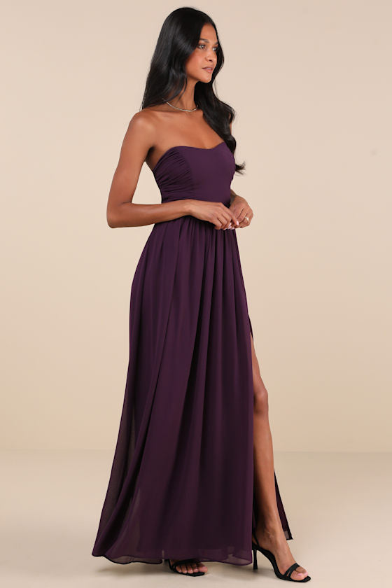 Luxe Favorite Dark Purple Strapless Ruched Maxi Dress