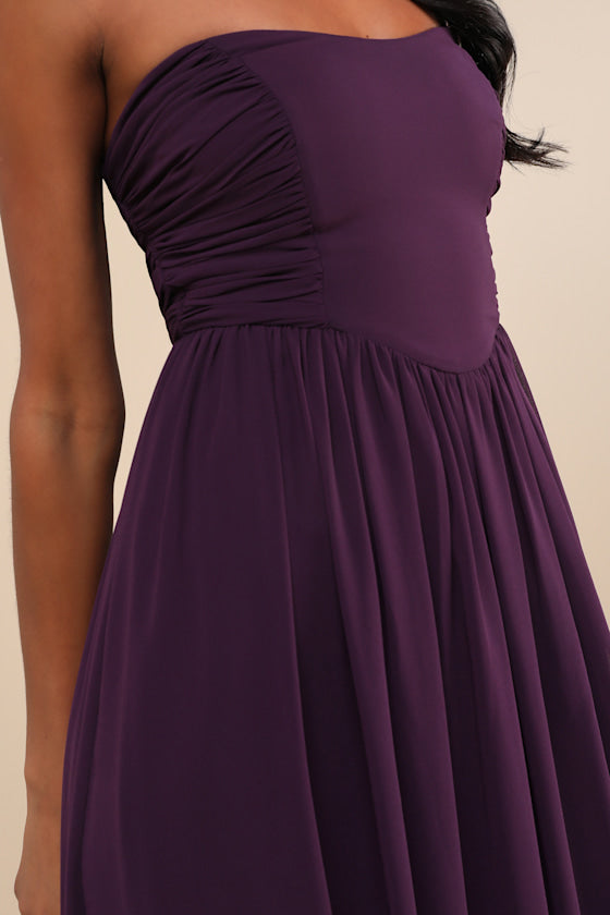 Luxe Favorite Dark Purple Strapless Ruched Maxi Dress