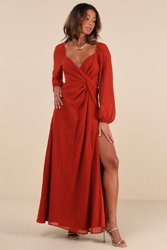 Composed Soiree Rust Orange Twist-Front Long Sleeve Maxi Dress