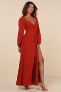 Composed Soiree Rust Orange Twist-Front Long Sleeve Maxi Dress
