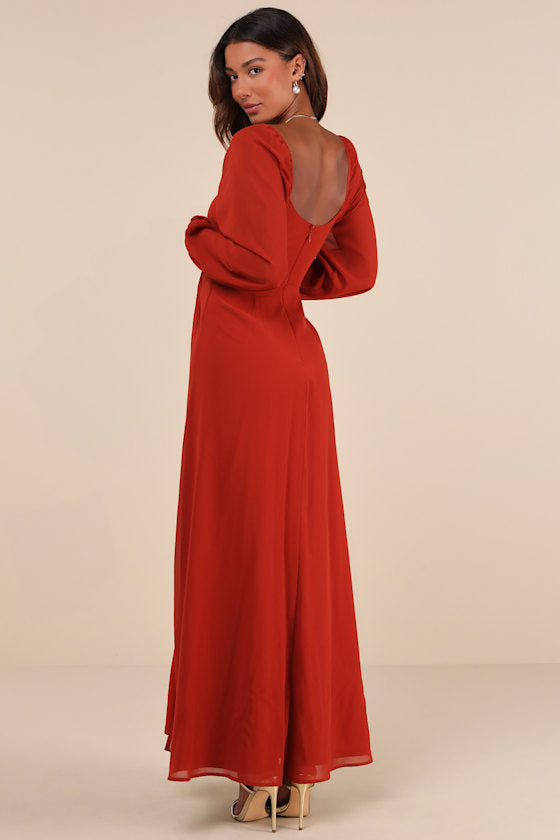 Composed Soiree Rust Orange Twist-Front Long Sleeve Maxi Dress