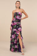 Phenomenal Aura Plum Floral Ruched Tiered Strapless Maxi Dress