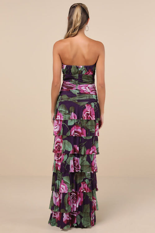 Phenomenal Aura Plum Floral Ruched Tiered Strapless Maxi Dress
