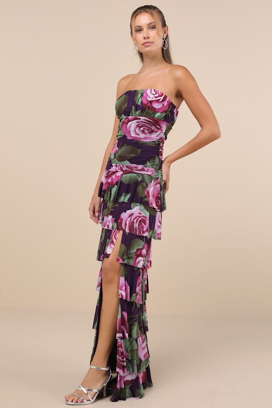 Phenomenal Aura Plum Floral Ruched Tiered Strapless Maxi Dress