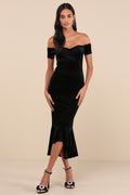 How Much I Care Black Velvet Off-the-Shoulder Midi Dress