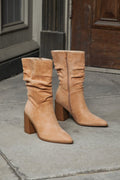 Penelopie Light Nude Suede Pointed-Toe Mid-Calf Boots