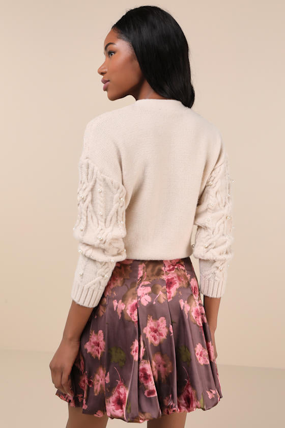 Darling Curation Dark Mauve Floral Bubble-Hem Mini Skirt
