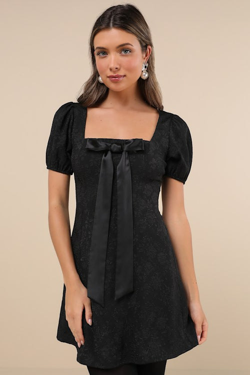 Polished Sweetie Black Jacquard Bow Puff Sleeve Mini Dress