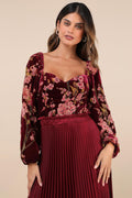 Luxe Romance Burgundy Velvet Floral Burnout Long Sleeve Bodysuit