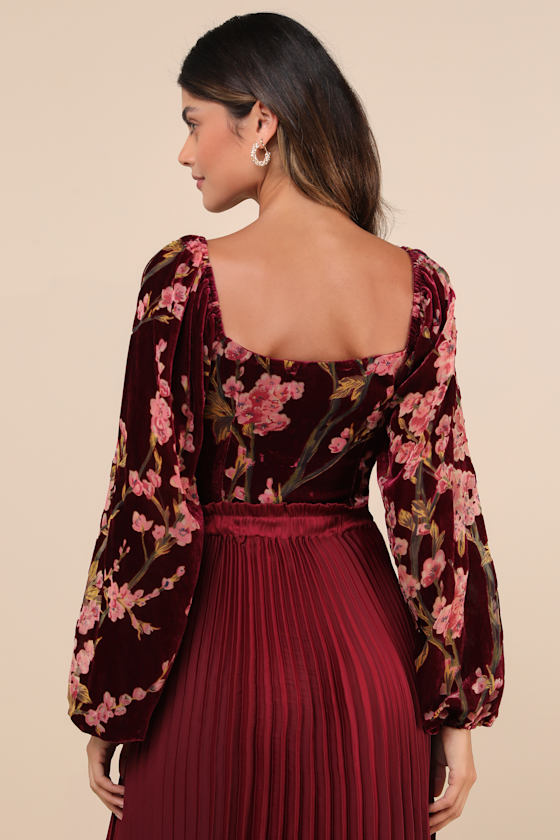 Luxe Romance Burgundy Velvet Floral Burnout Long Sleeve Bodysuit
