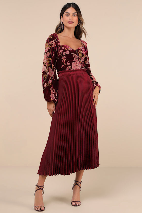Luxe Romance Burgundy Velvet Floral Burnout Long Sleeve Bodysuit