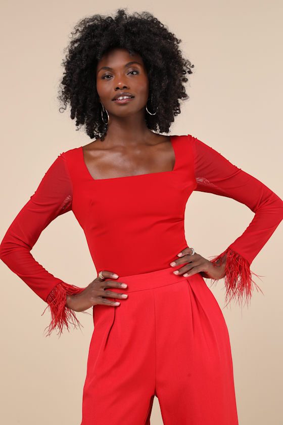 Effortlessly Luxe Red Feather Long Sleeve Bodysuit