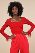 Effortlessly Luxe Red Feather Long Sleeve Bodysuit