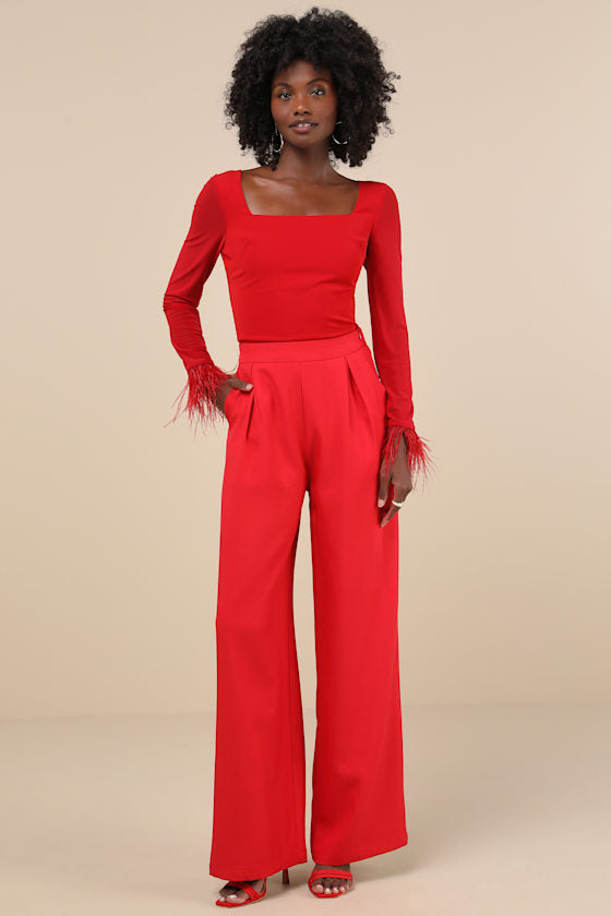 Effortlessly Luxe Red Feather Long Sleeve Bodysuit