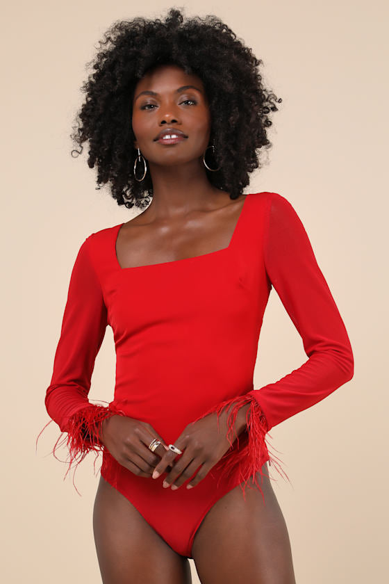 Effortlessly Luxe Red Feather Long Sleeve Bodysuit