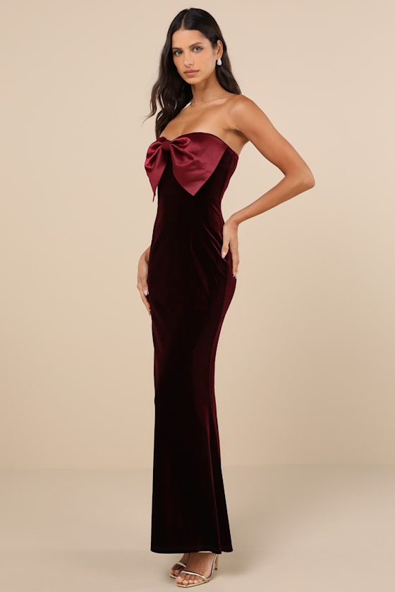 Dramatic Stunner Burgundy Velvet Bow Strapless Maxi Dress