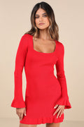 Cozy Outlook Red Long Sleeve Sweater Mini Dress