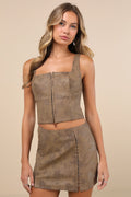 Coveted Brown Floral Vegan Leather Mini Skirt