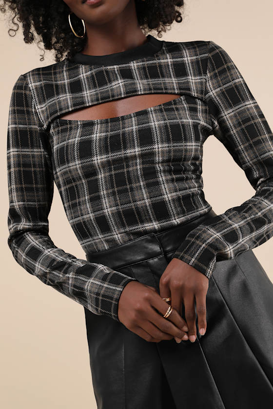 Iconic Aspect Black and Grey Plaid Cutout Long Sleeve Top