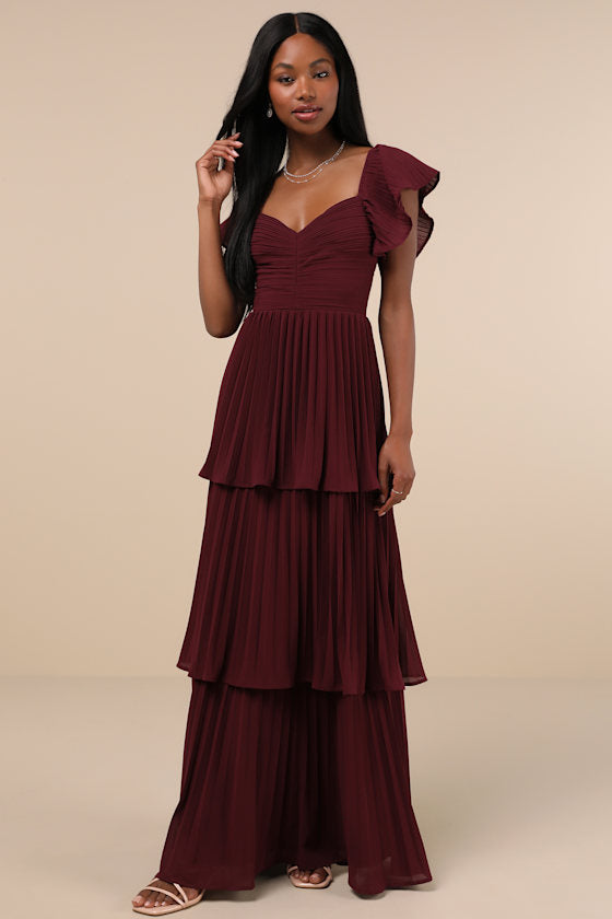 Notorious Charm Plum Purple Pleated Flutter Sleeve Maxi Dress
