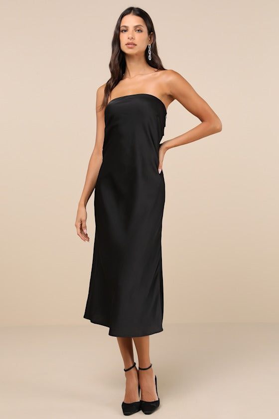 Effortless Bliss Black Satin Strapless Cowl Back Midi Dress