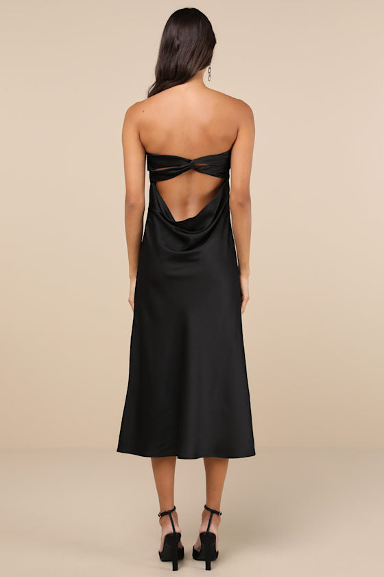 Effortless Bliss Black Satin Strapless Cowl Back Midi Dress