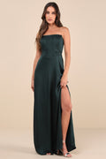 Extraordinary Presence Dark Green Satin Strapless Maxi Dress