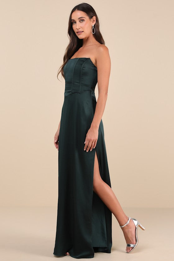 Extraordinary Presence Dark Green Satin Strapless Maxi Dress