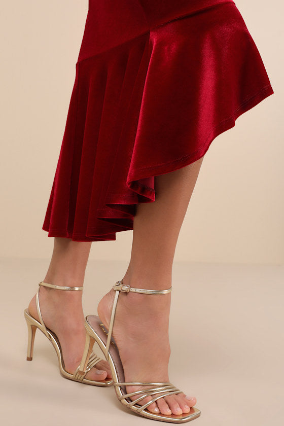How Much I Care Wine Red Velvet Off-the-Shoulder Midi Dress