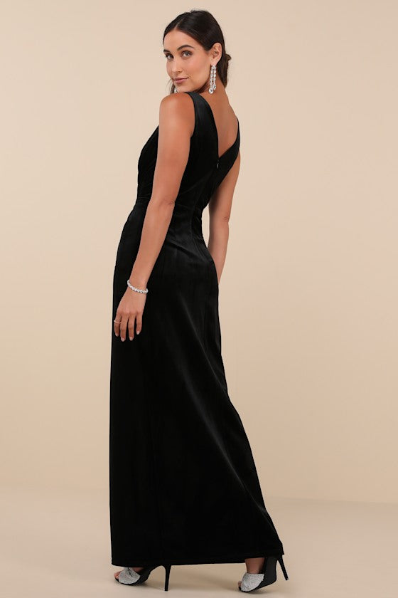 Beautiful Evenings Black Velvet Twist-Front Maxi Dress
