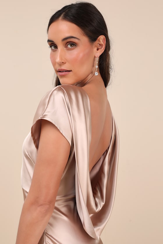 Captivating Presence Champagne Satin Cowl Back Maxi Dress