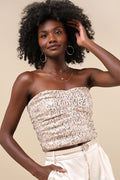 My Favorite Sparkle Rose Gold Sequin Ruched Strapless Crop Top