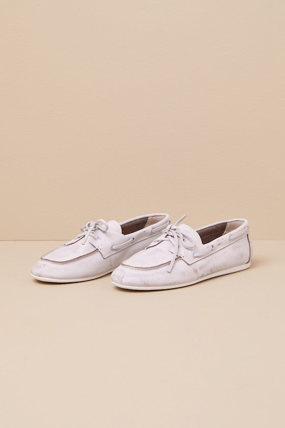 SAG White Leather Distressed Lace-Up Loafers